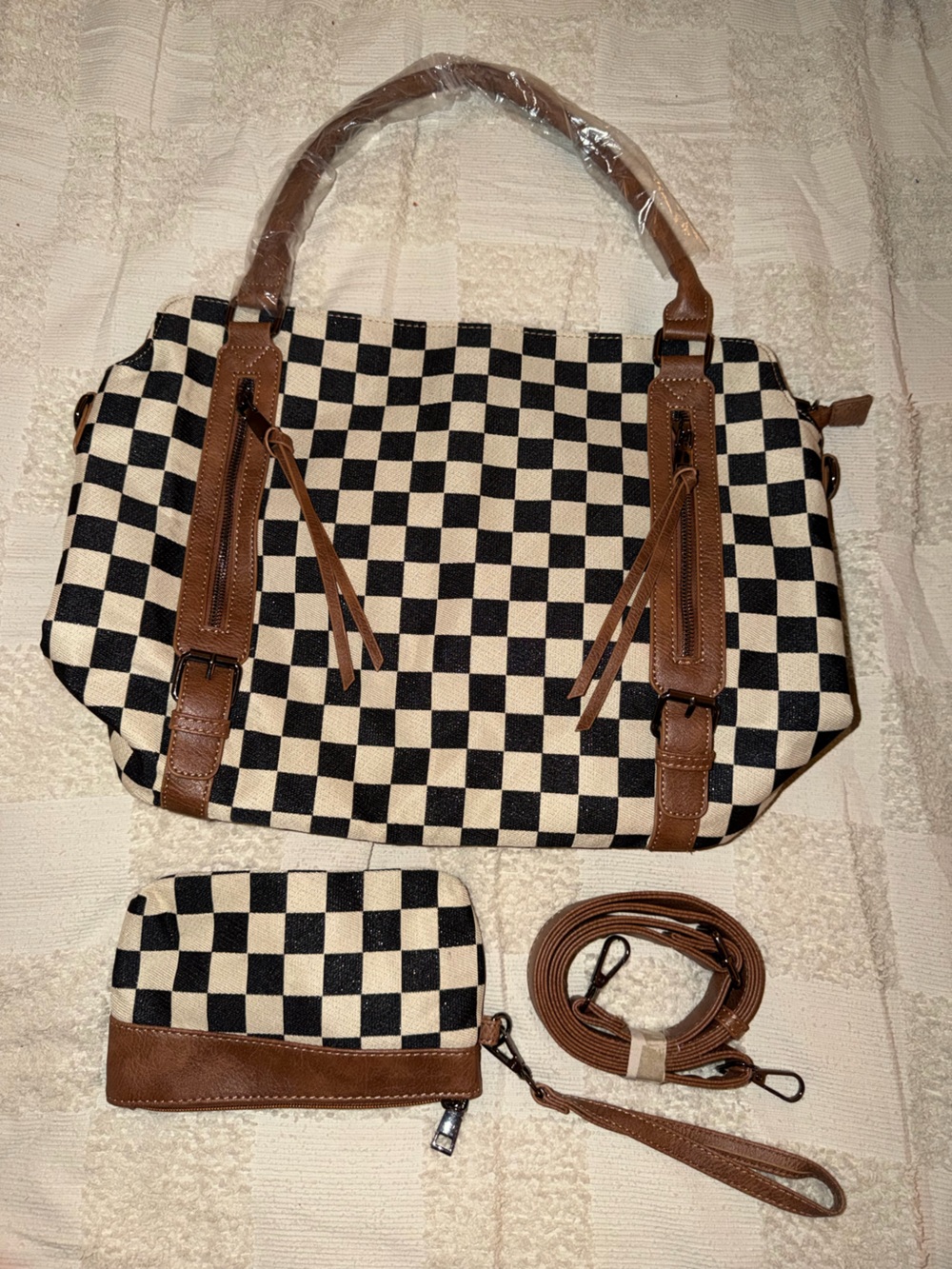 Checkerboard Crossbody Bag with Matching Pouch